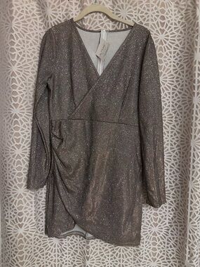 Gold Sparkle Wrap Long-Sleeve Mini Dress Large